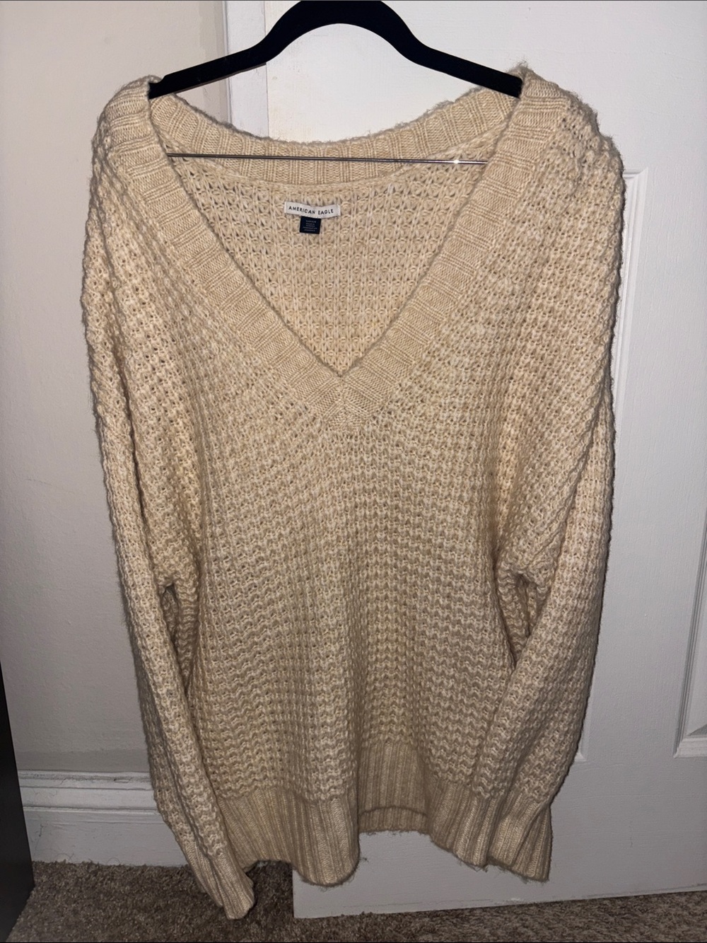 American Eagle Outfitters Cream V-Neck Waffle Knit Sweater